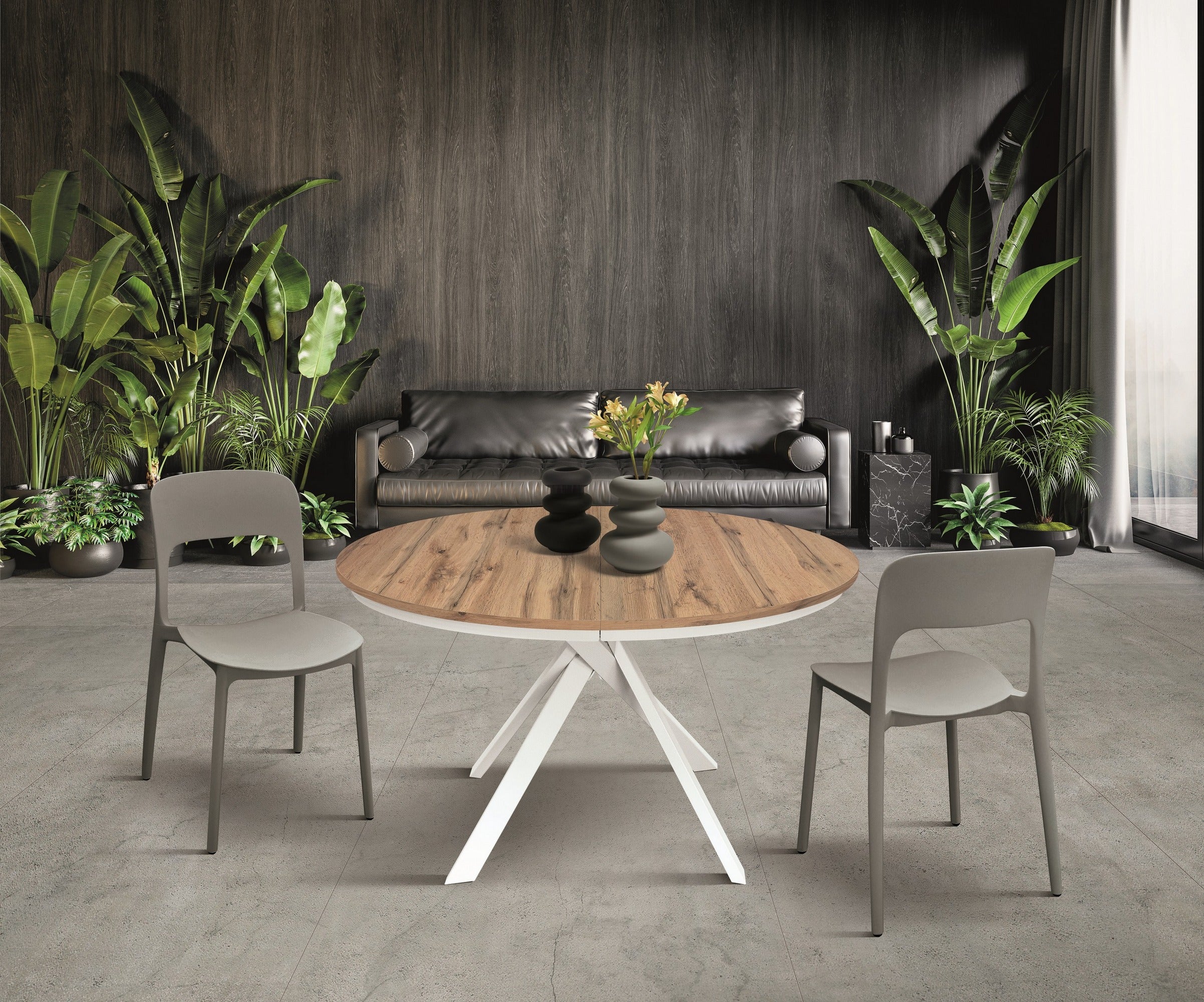 tavolo rotondo pantelleria in legno effetto rovere rustico con gambe incrociate in metallo bianco, allungabile ⌀120 cm –...