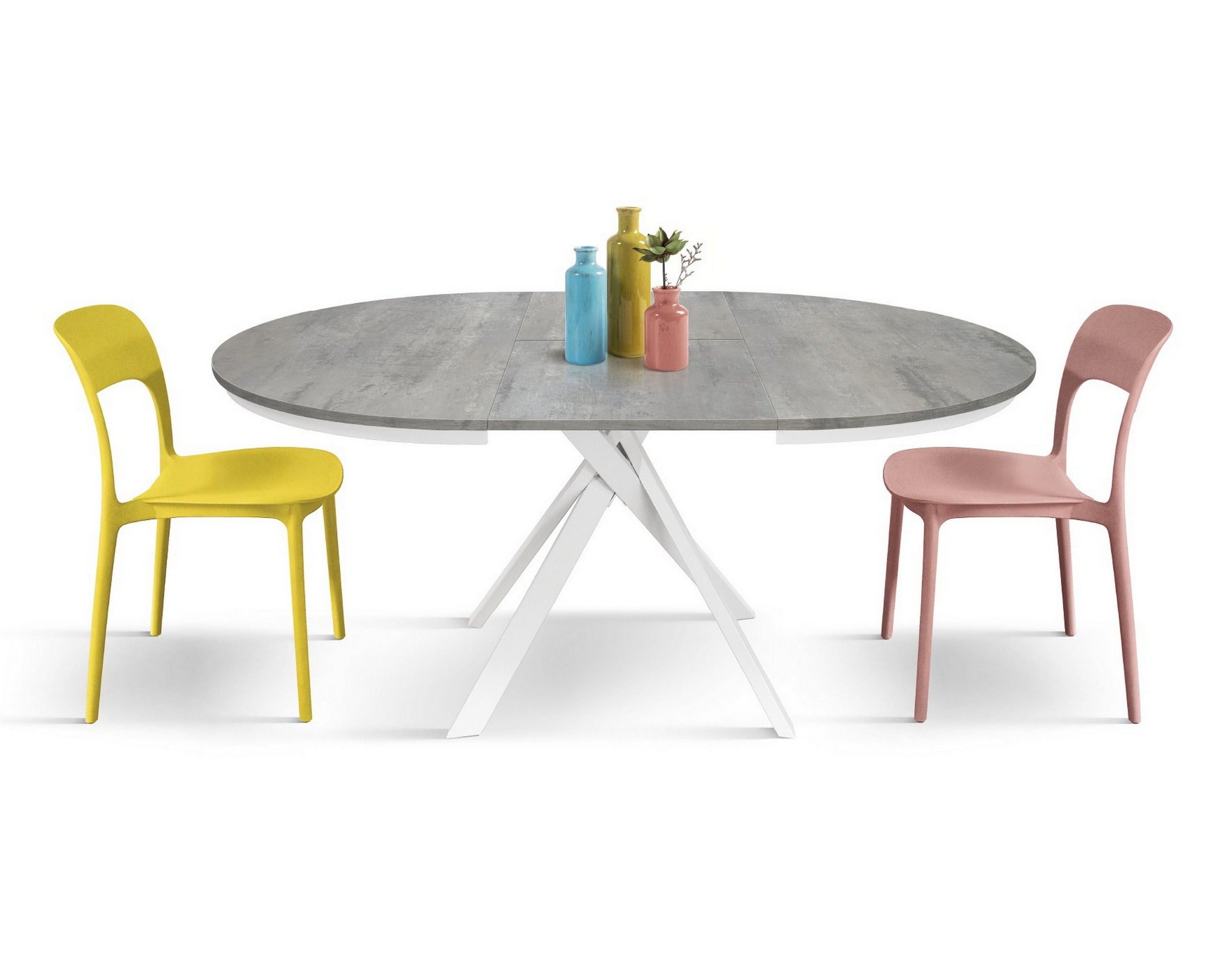 tavolo rotondo pantelleria in legno effetto grigio cemento con gambe incrociate in metallo bianco, allungabile ⌀120 cm –...