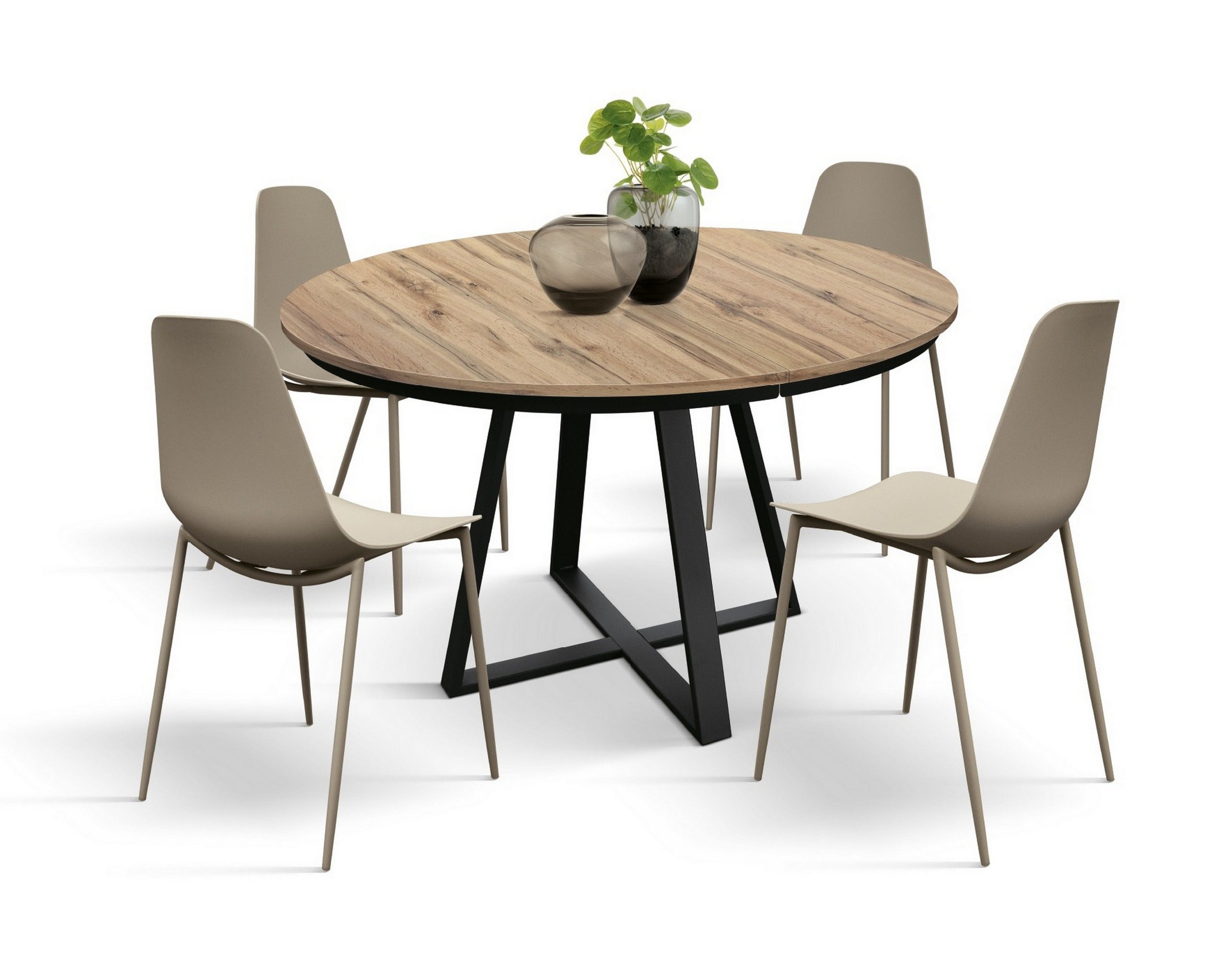 tavolo rotondo pantelleria in legno effetto rovere rustico con base a x in metallo antracite, allungabile ⌀120 cm – ⌀170 cm,...