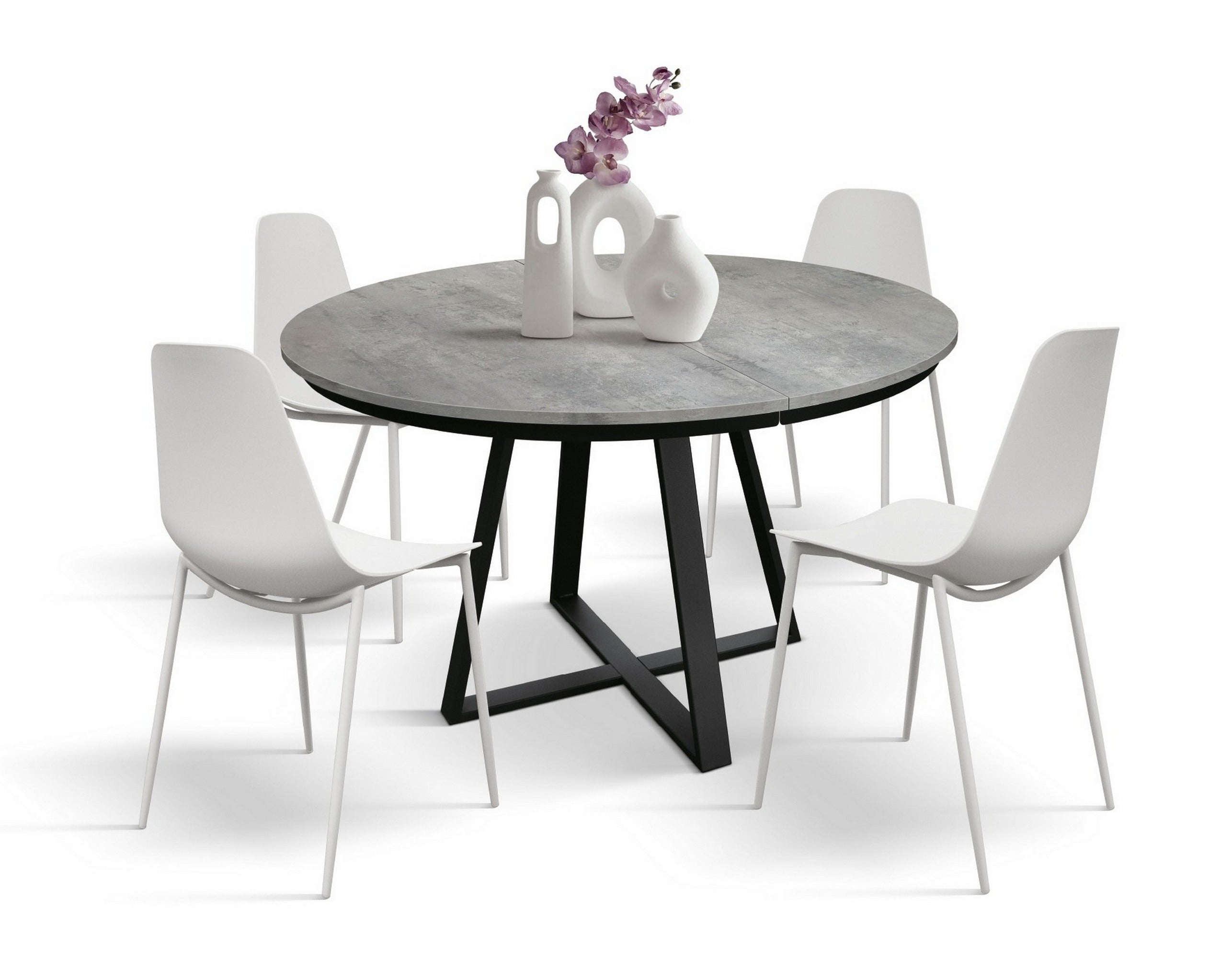 tavolo rotondo pantelleria in legno effetto grigio cemento con base a x in metallo antracite, allungabile ⌀120 cm – ⌀170 cm,...