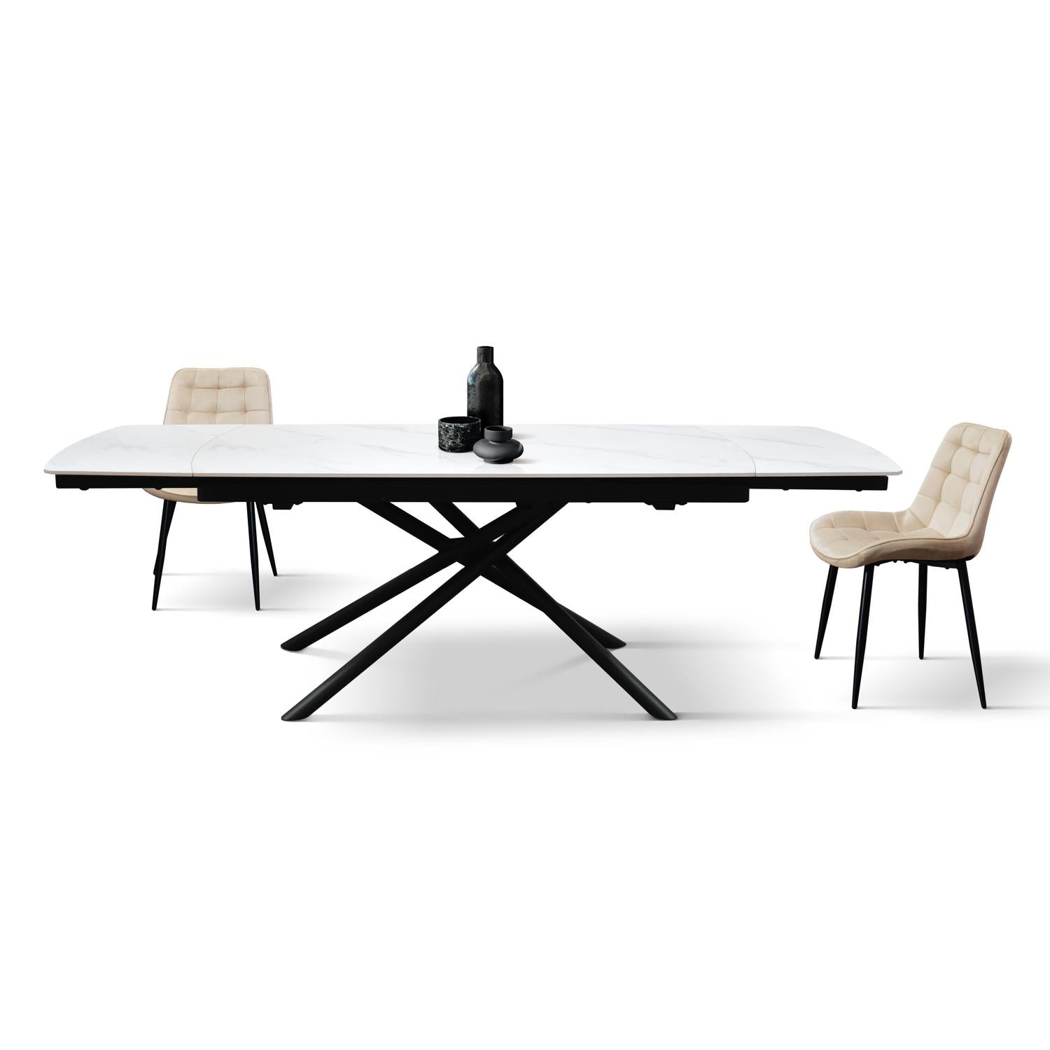 tavolo bonifacio in ceramica bianco statuario e base in metallo verniciato nero, allungabile 160×90 cm – 240×90 cm, vista...