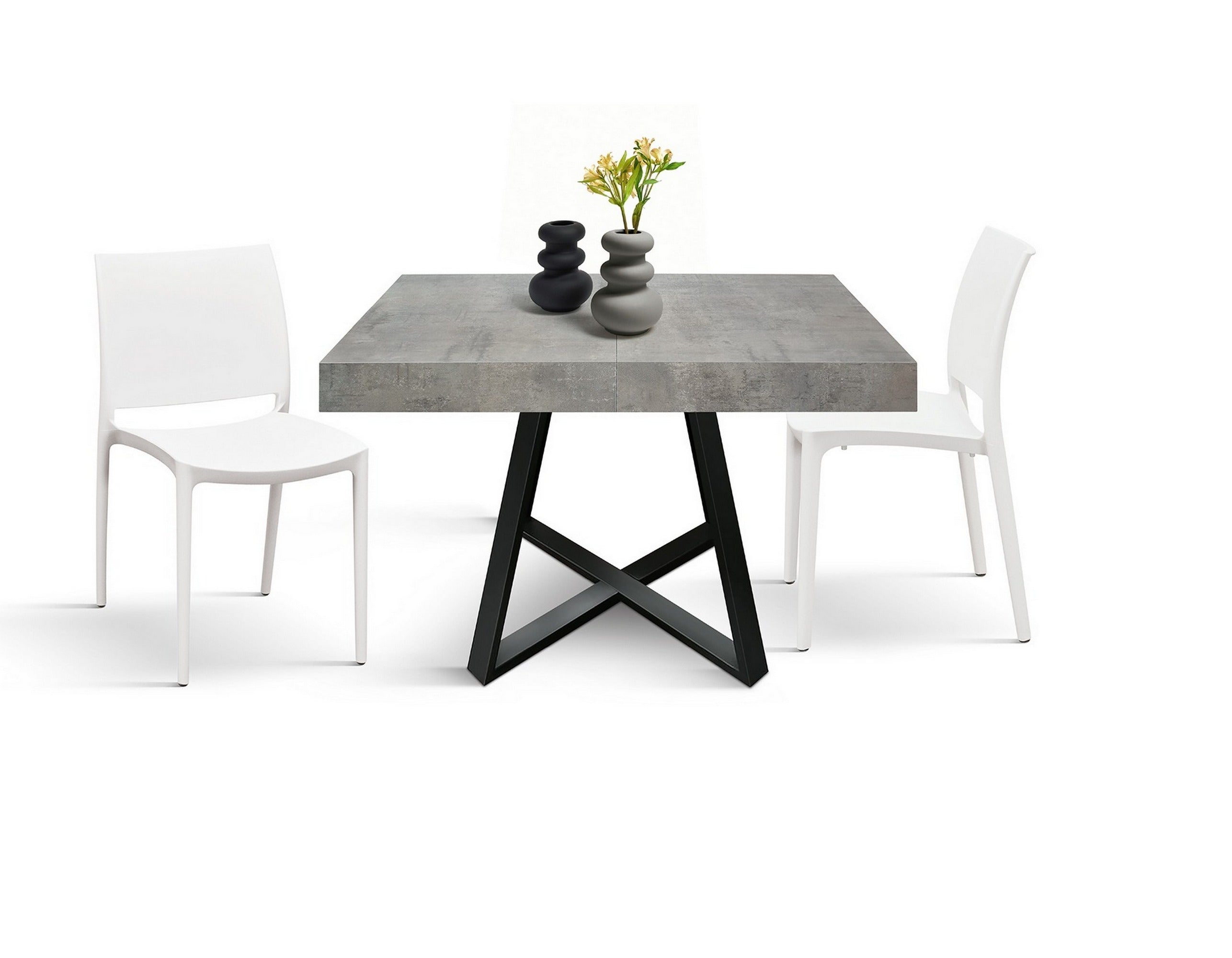 tavolo forte dei marmi in legno, finitura grigio cemento e base incrociata in metallo antracite, allungabile 95×90 cm – 145...