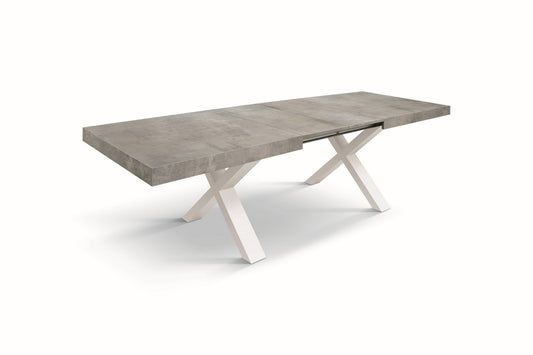 tavolo allungabile amalfi in legno effetto grigio cemento e gambe a x bianche, allungabile 160×90 cm – 240×90 cm, dettaglio...