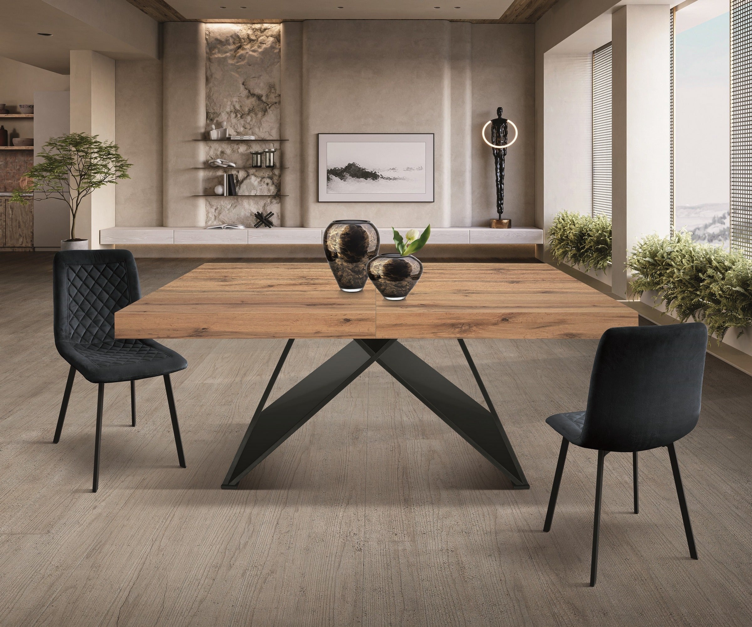 tavolo vulcano in legno, finitura rovere rustico con base in legno mdf antracite, allungabile 180×90 cm – 260×90 cm, vista...