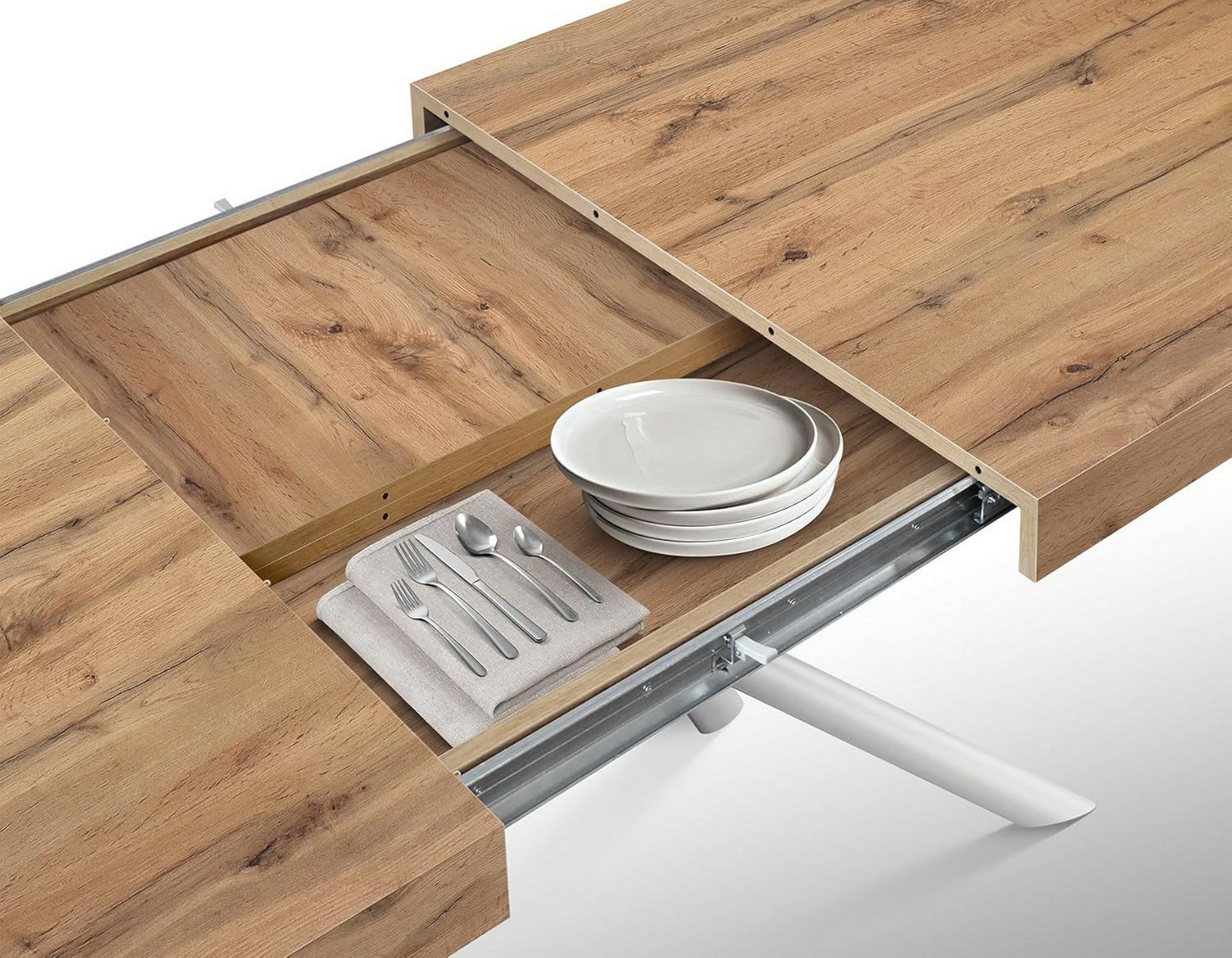 tavolo carrara in legno, finitura rovere rustico e base in metallo verniciato bianco, allungabile 140×90 cm – 220×90 cm,...