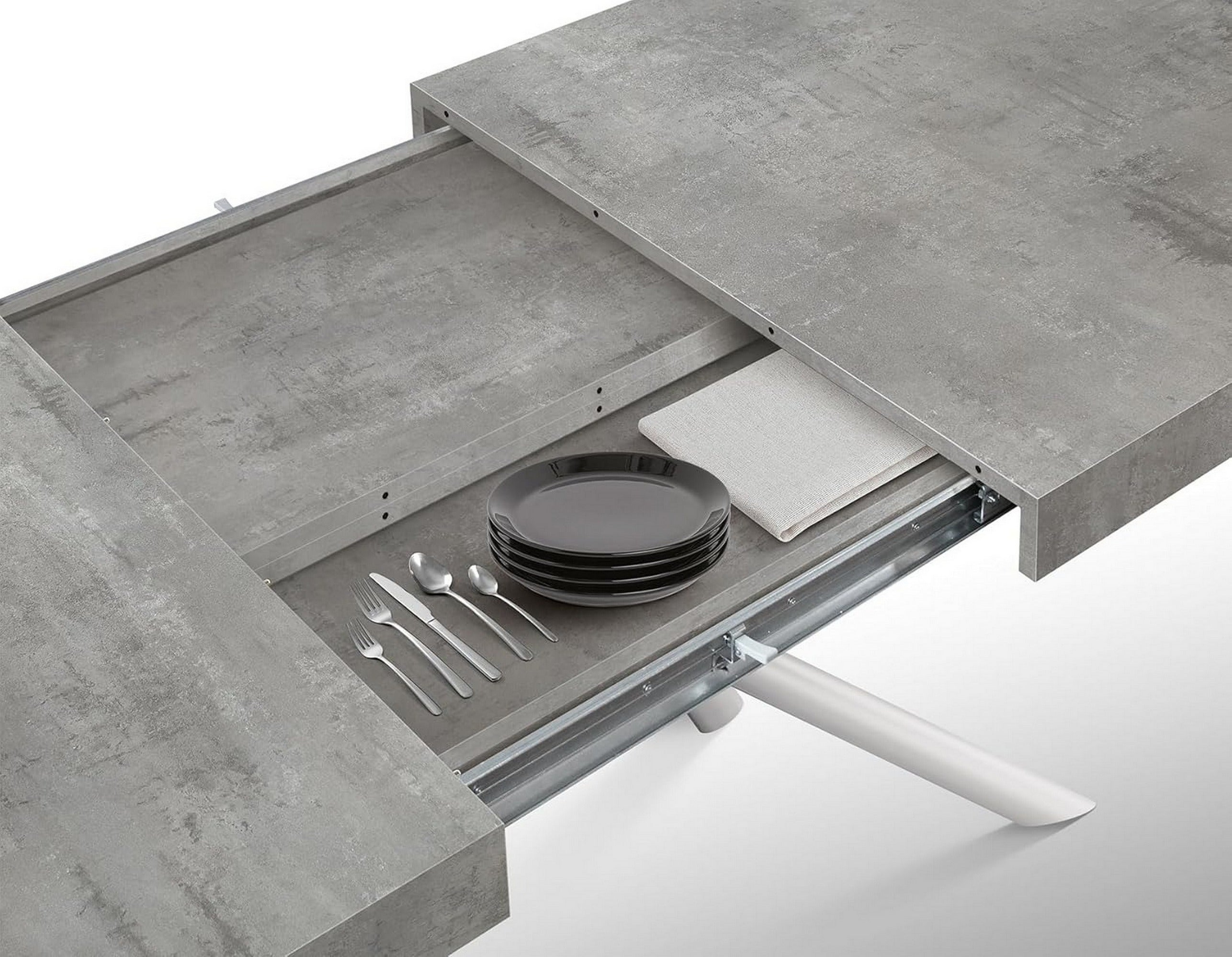 tavolo carrara in legno, finitura grigio cemento e base in metallo verniciato bianco, allungabile 140×90 cm – 220×90 cm,...