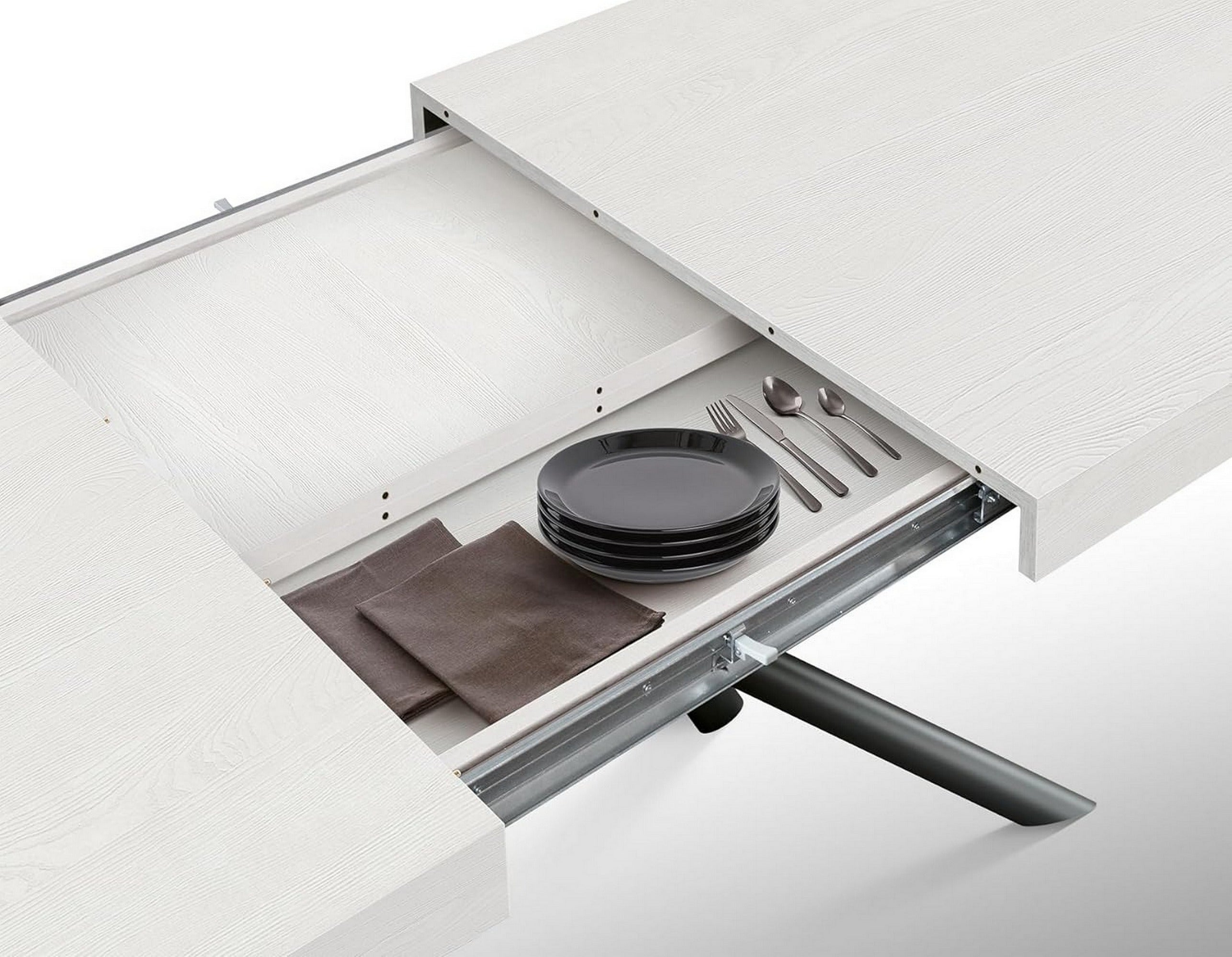 tavolo carrara in legno, finitura bianco frassinato e base in metallo verniciato antracite, allungabile 160×90 cm – 240×90...