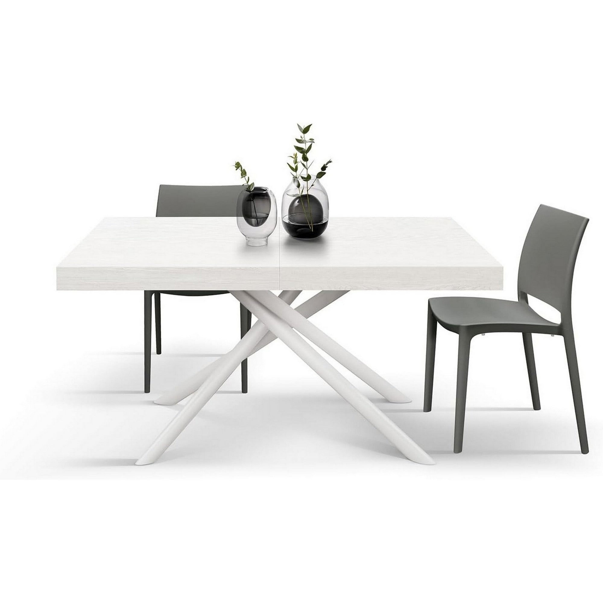 tavolo carrara in legno, finitura bianco frassinato e base in metallo verniciato bianco, allungabile 160×90 cm – 240×90 cm,...