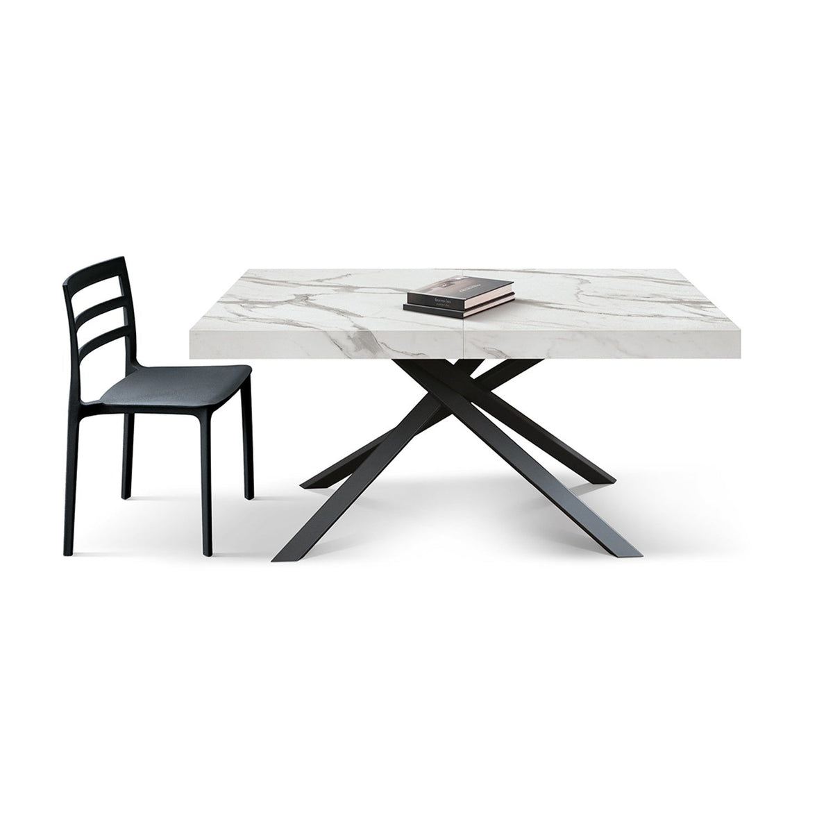 tavolo forte dei marmi in legno, finitura bianco statuario e base in metallo nero, allungabile 160×90 cm – 240×90 cm, tavolo...