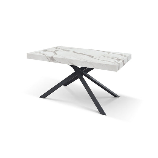 tavolo forte dei marmi in legno, finitura bianco statuario e base in metallo nero, allungabile 160×90 cm – 240×90 cm,...