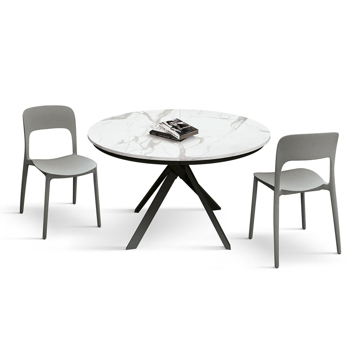 tavolo rotondo pantelleria in legno, finitura bianco statuario e gambe in metallo nero, allungabile ø120xh75,3 cm –...