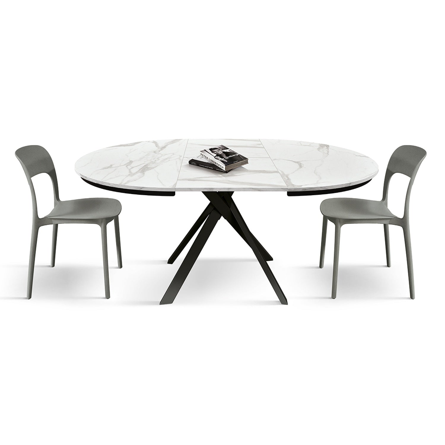 tavolo rotondo pantelleria in legno, finitura bianco statuario e gambe in metallo nero, allungabile ø120xh75,3 cm –...