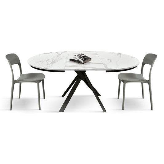 tavolo rotondo pantelleria in legno, finitura bianco statuario e gambe in metallo nero, allungabile ø120xh75,3 cm –...