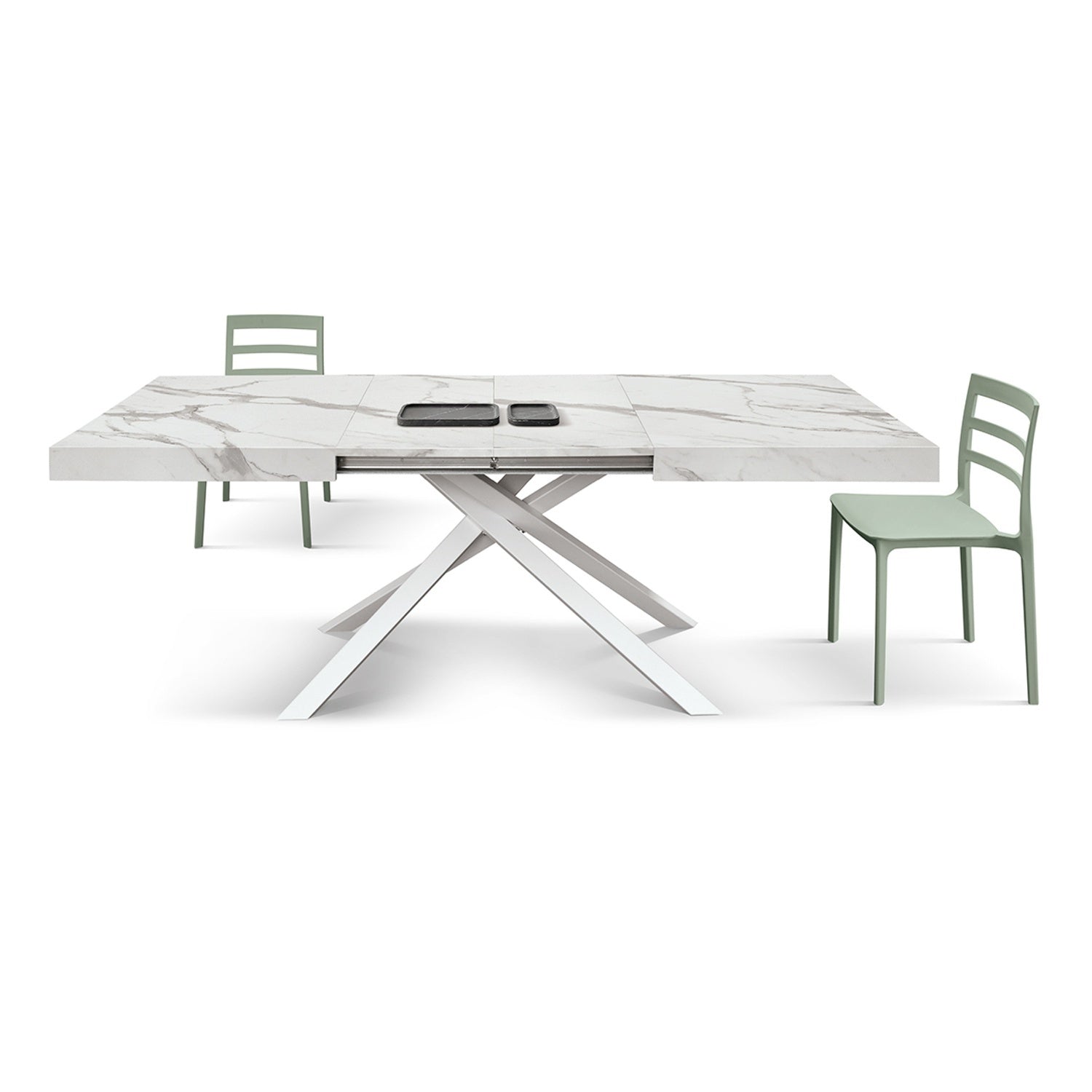 tavolo forte dei marmi in legno, finitura bianco statuario e base in metallo bianco, allungabile 160×90 cm – 240×90 cm,...