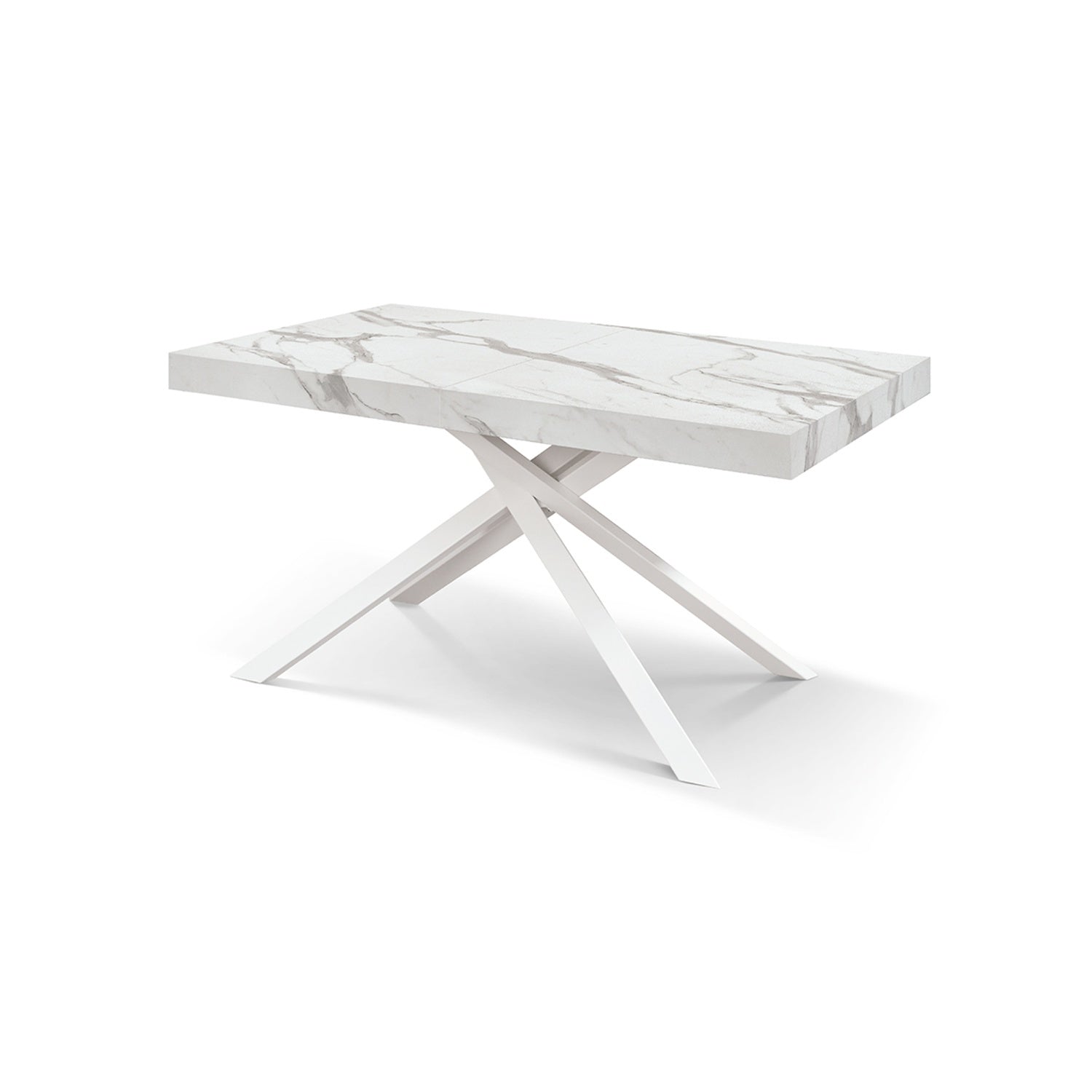 tavolo forte dei marmi in legno, finitura bianco statuario e base in metallo bianco, allungabile 140×90 cm – 220×90 cm,...
