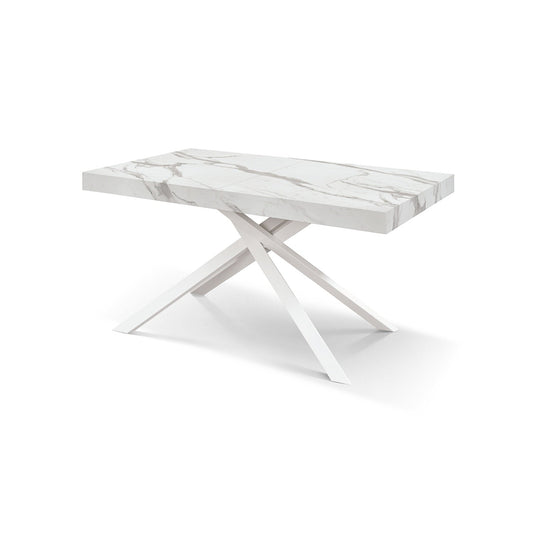tavolo forte dei marmi in legno, finitura bianco statuario e base in metallo bianco, allungabile 140×90 cm – 220×90 cm,...