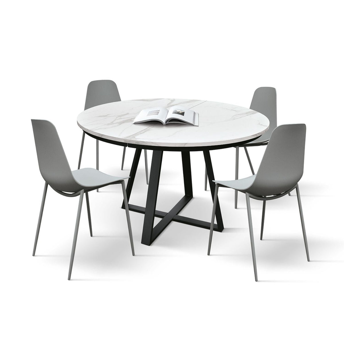 tavolo rotondo pantelleria in legno, finitura bianco statuario e gambe in metallo nero, allungabile ø120xh75,3 cm –...