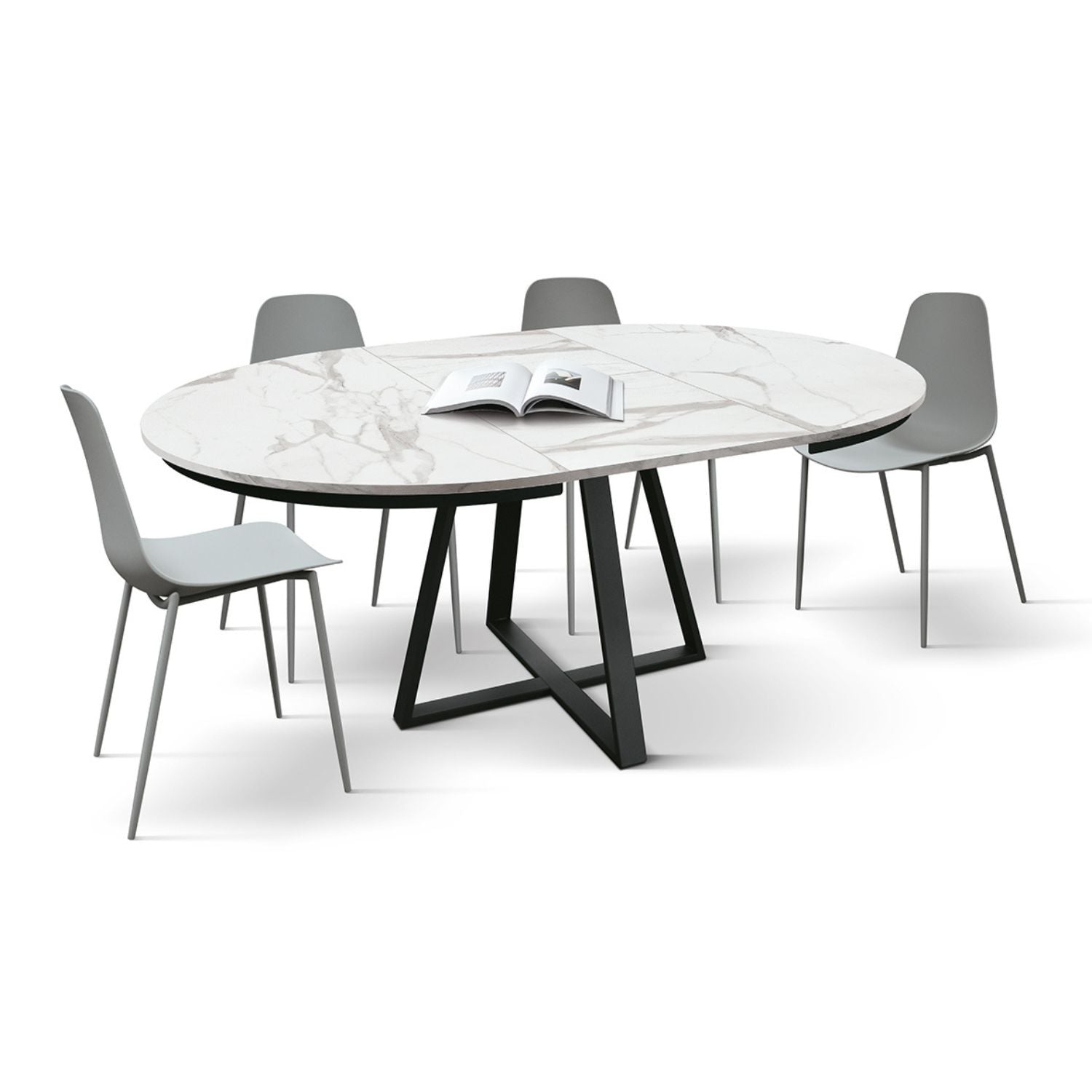 tavolo rotondo pantelleria in legno, finitura bianco statuario e gambe in metallo nero, allungabile ø120xh75,3 cm –...