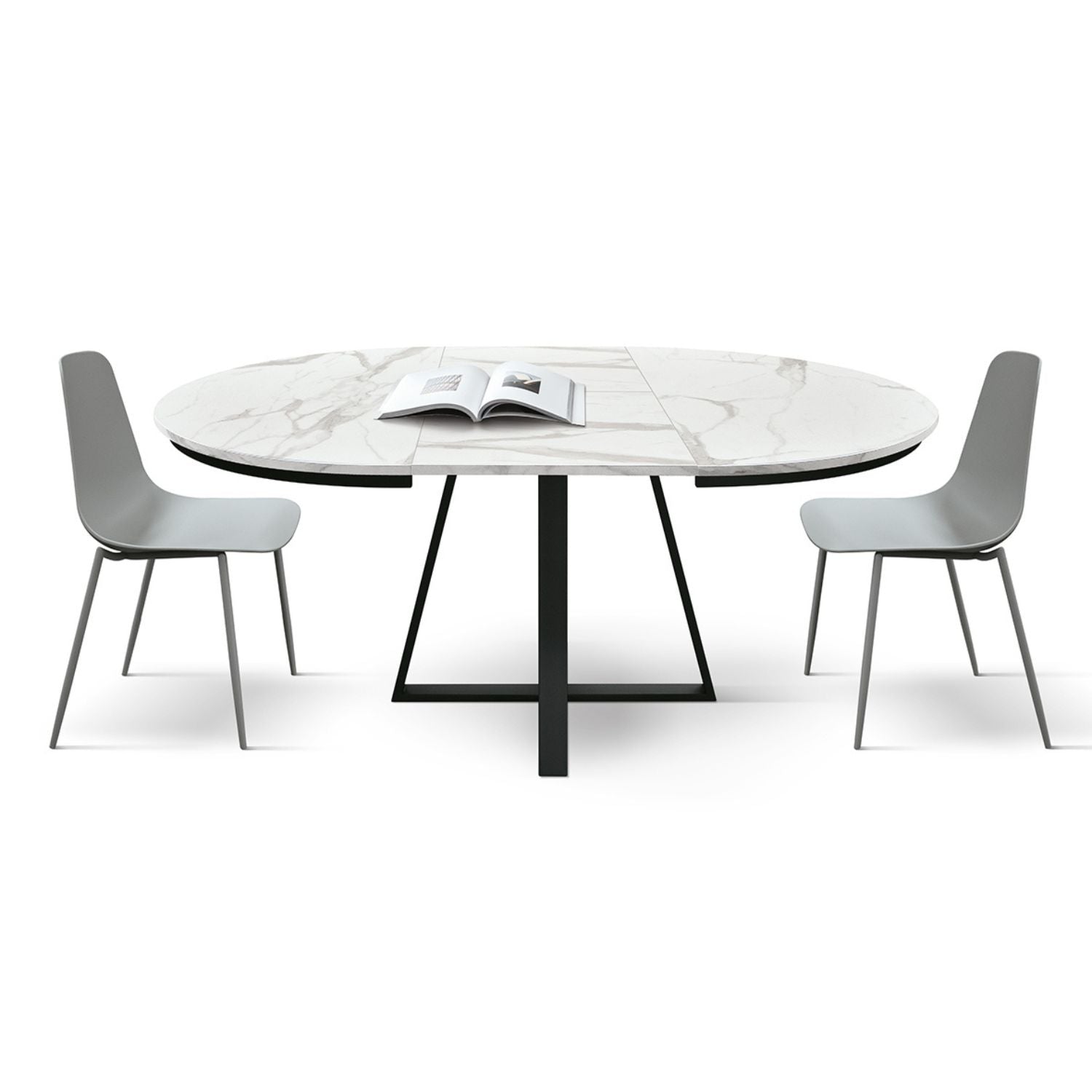 tavolo rotondo pantelleria in legno, finitura bianco statuario e gambe in metallo nero, allungabile ø120xh75,3 cm –...