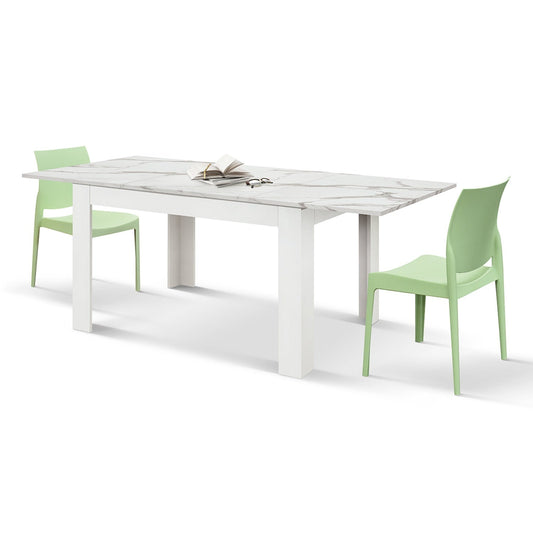 tavolo lipari in legno, finitura bianco statuario e base bianca, allungabile 140×90 cm – 220×90 cm, dettaglio della...