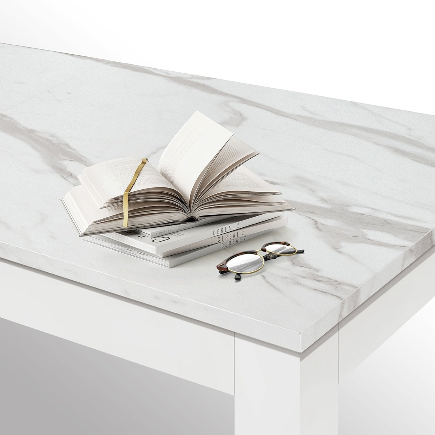 tavolo lipari in legno, finitura bianco statuario e base bianca, allungabile 140×90 cm – 220×90 cm, vista ambientata con...