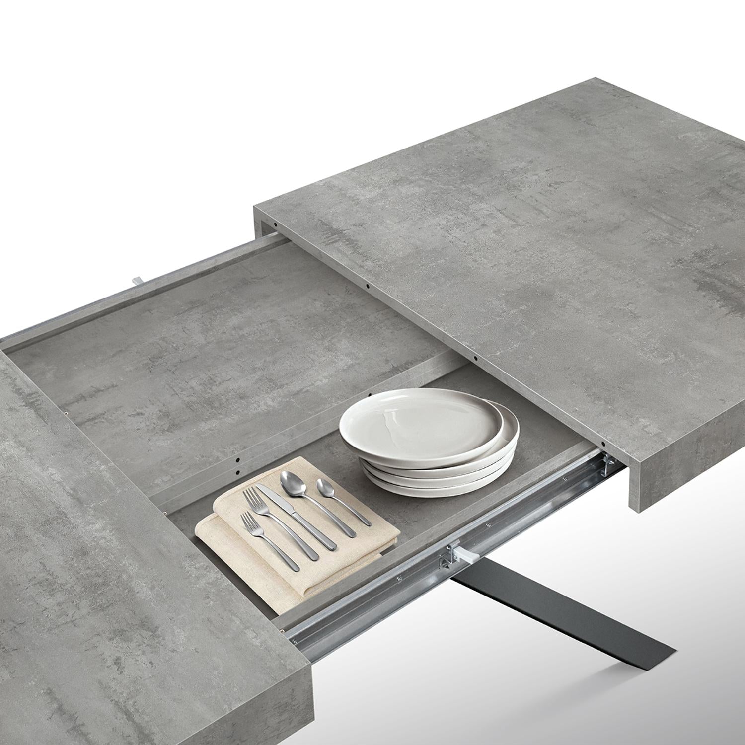 tavolo camaiore in legno, finitura grigio cemento e base a x in metallo antracite, allungabile 180×90 cm – 260×90 cm, vista...