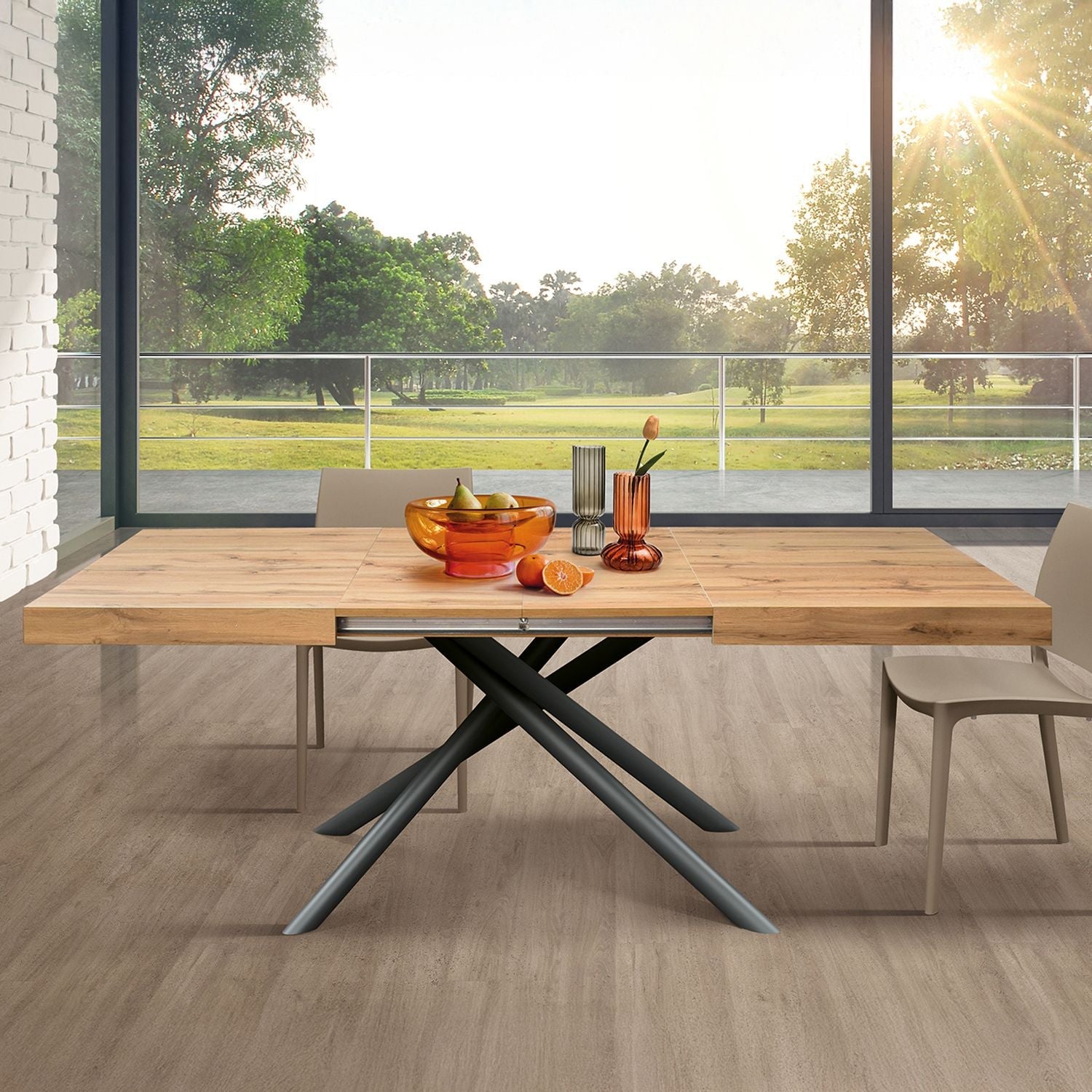 tavolo carrara in legno, finitura rovere rustico e base in metallo verniciato antracite, allungabile 180×90 cm – 260×90 cm,...