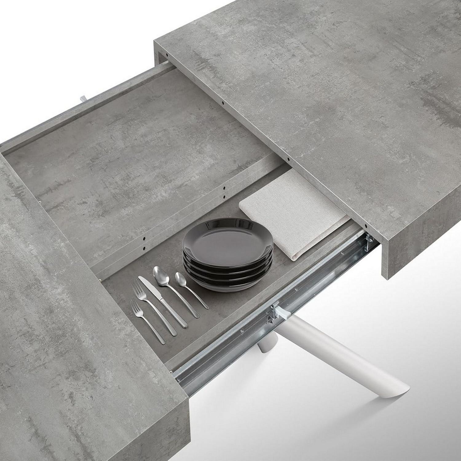 tavolo carrara in legno, finitura grigio cemento e base in metallo verniciato bianco, allungabile 180×90 cm – 260×90 cm,...