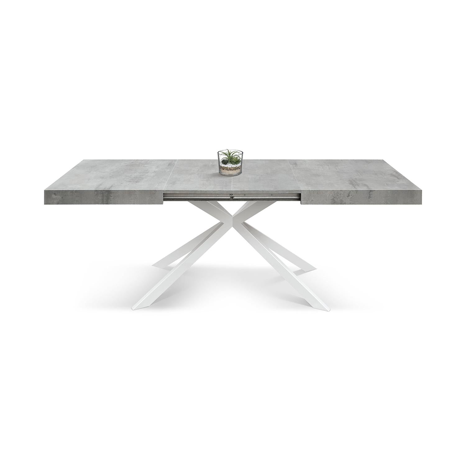 tavolo camaiore in legno, finitura grigio cemento e base a x in metallo bianco, allungabile 180×90 cm – 260×90 cm, dettaglio...