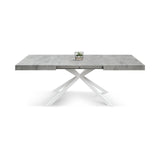 tavolo camaiore in legno, finitura grigio cemento e base a x in metallo bianco, allungabile 180×90 cm – 260×90 cm, dettaglio...