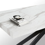 tavolo camaiore in legno, finitura bianco statuario e gambe a x in metallo nero, allungabile 160×90 cm – 240×90 cm, vista...