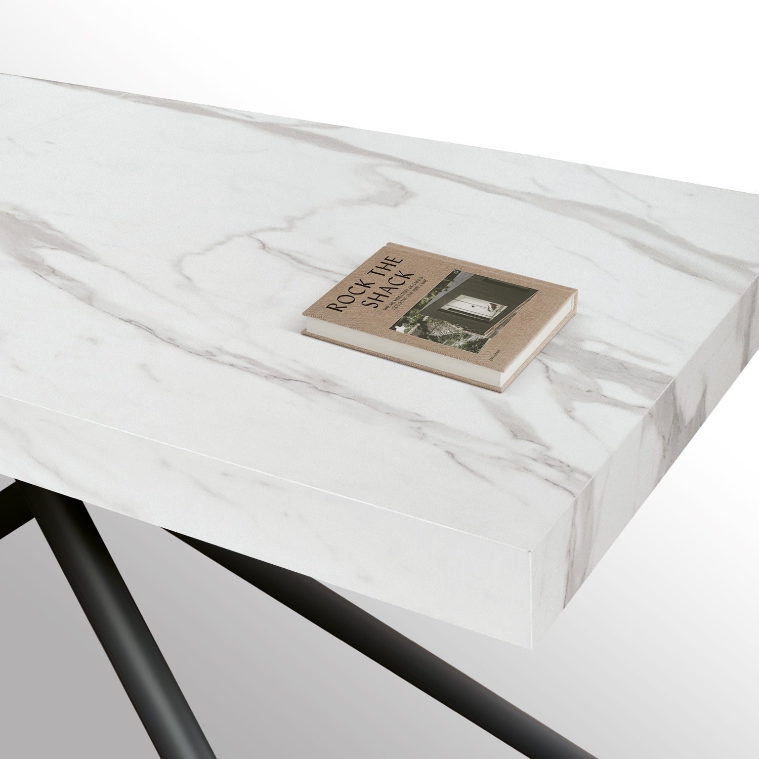 tavolo carrara in legno, finitura bianco statuario e gambe in metallo nero, allungabile 160×90 cm – 240×90 cm, design...
