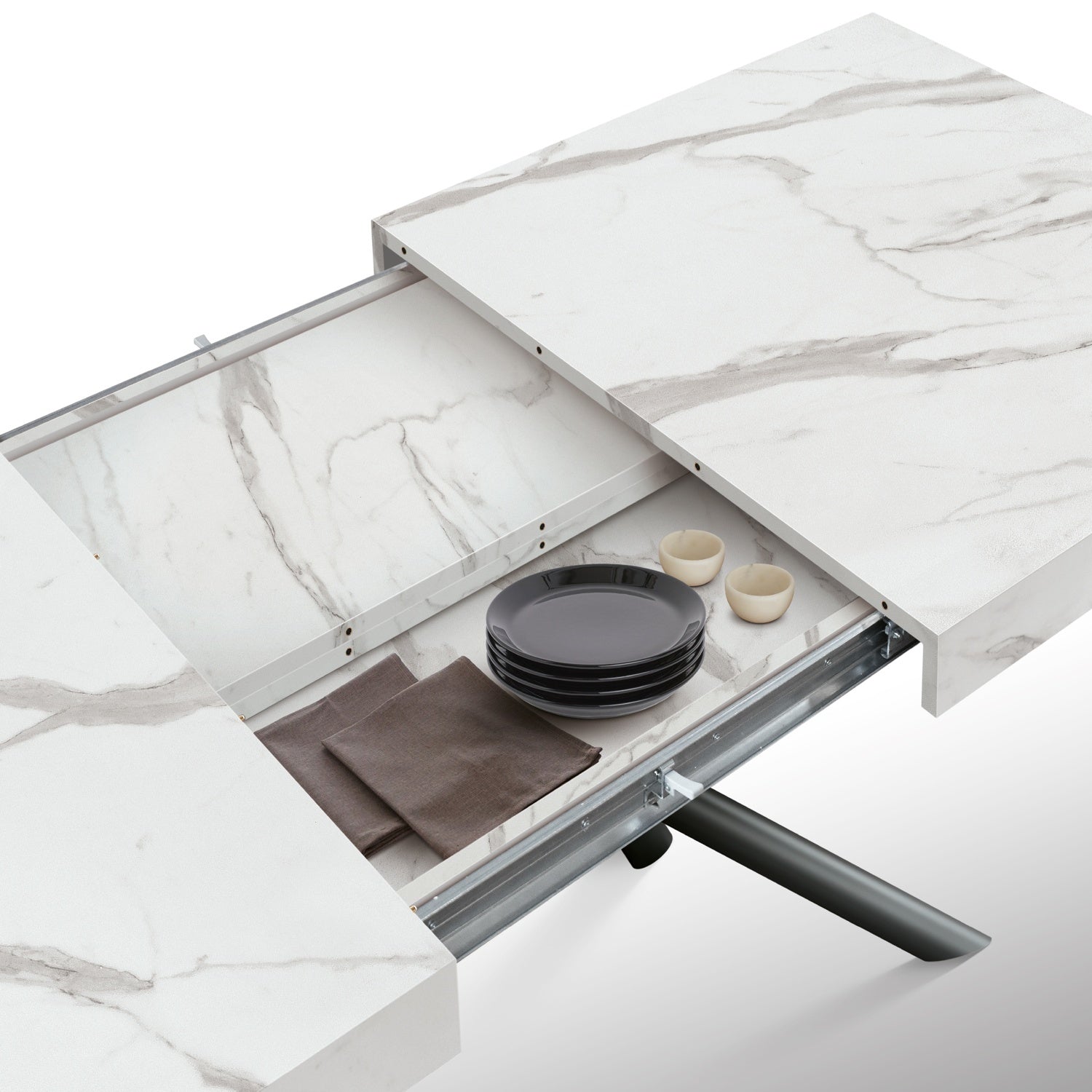 tavolo carrara in legno, finitura bianco statuario e gambe in metallo nero, allungabile 160×90 cm – 240×90 cm, ideale per...