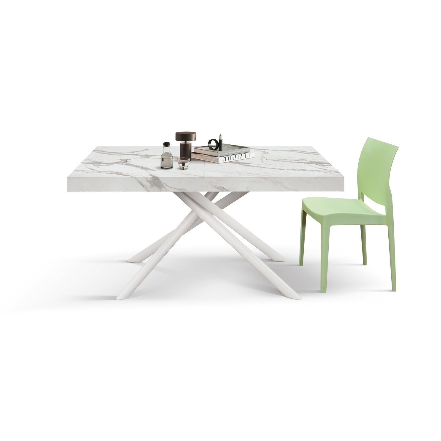 tavolo carrara in legno, finitura bianco statuario e gambe in metallo bianco, allungabile 160×90 cm – 240×90 cm, tavolo...