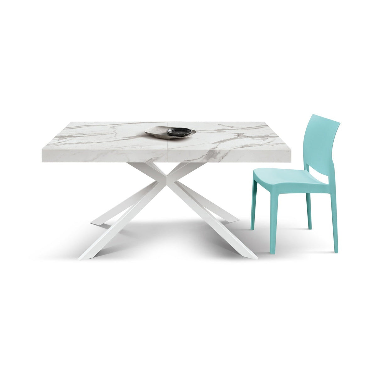tavolo camaiore in legno, finitura bianco statuario e gambe a x in metallo bianco, allungabile 140×90 cm – 220×90 cm, tavolo...