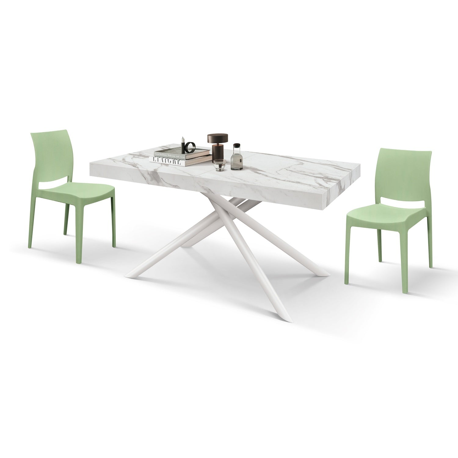 tavolo carrara in legno, finitura bianco statuario e gambe in metallo bianco, allungabile 140×90 cm – 220×90 cm, dettaglio...