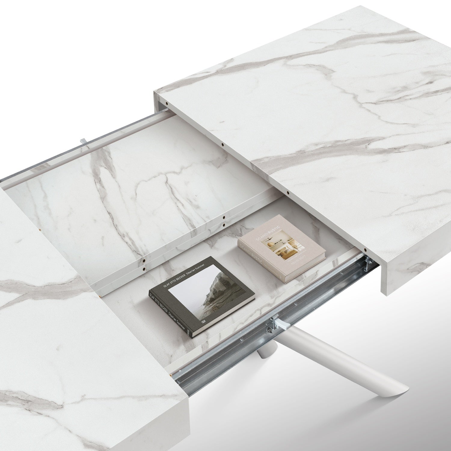 tavolo carrara in legno, finitura bianco statuario e gambe in metallo bianco, allungabile 140×90 cm – 220×90 cm, ideale per...