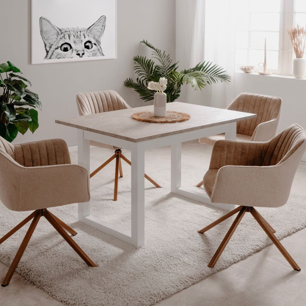 tavolo allungabile houston 80b con struttura bianca e piano sabbia 120x75x80 cm., tavolo rettangolare ampio per cucina o soggiorno