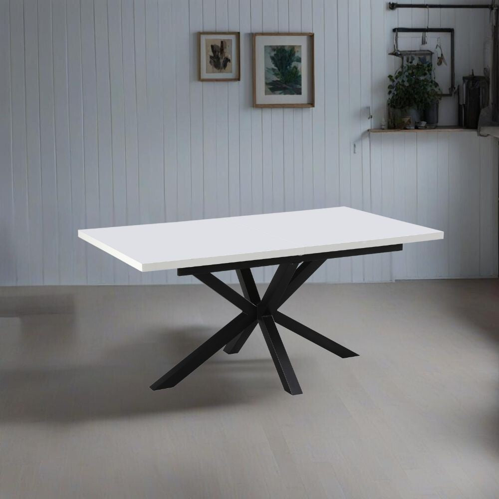 tavolo rettangolare allungabile rob con piano bianco e gambe in metallo nero, tavolo rettangolare ampio per cucina o soggiorno