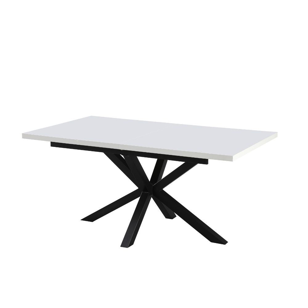 tavolo rettangolare allungabile rob con piano bianco e gambe in metallo nero, dettaglio della superficie allungata e gambe robuste