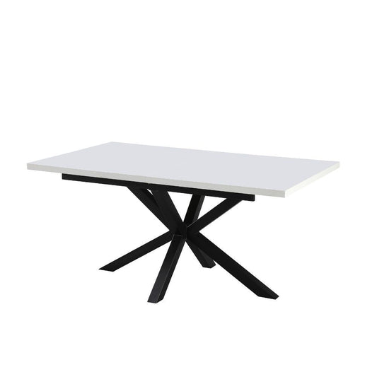tavolo rettangolare allungabile rob con piano bianco e gambe in metallo nero, dettaglio della superficie allungata e gambe robuste