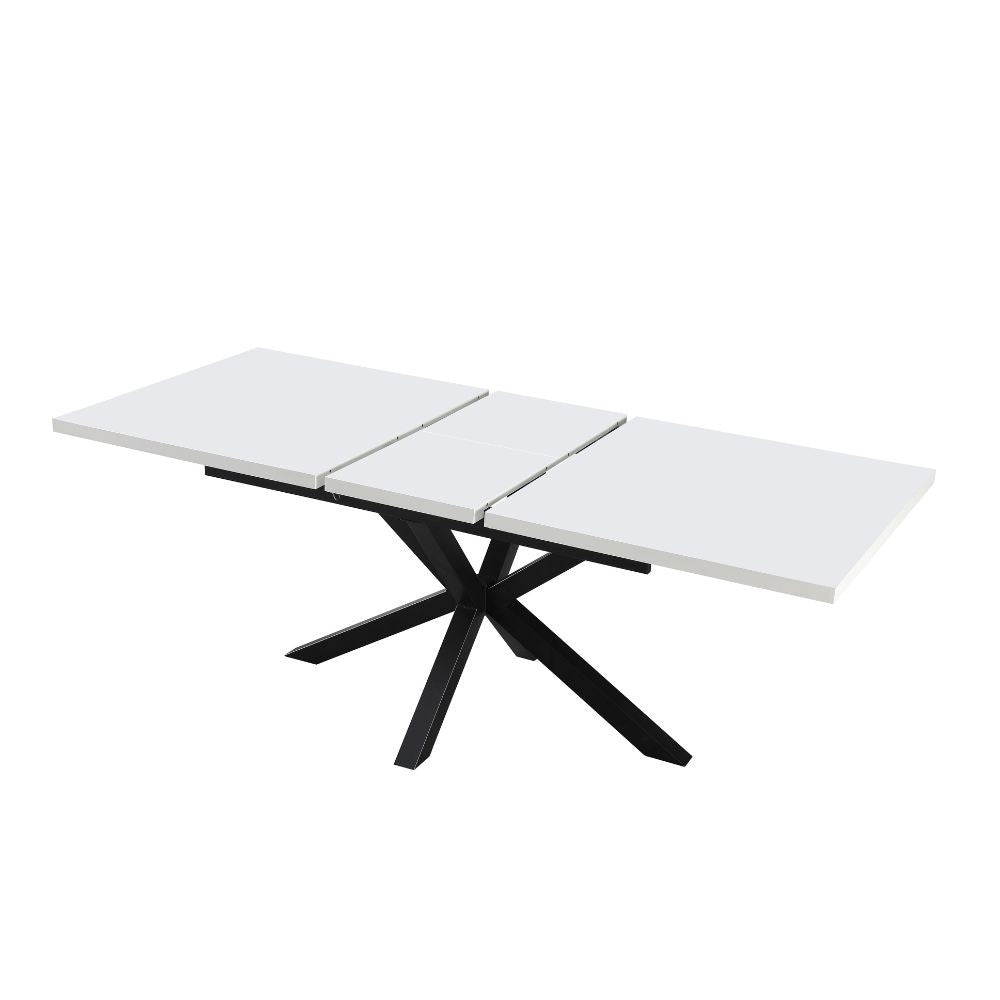 tavolo rettangolare allungabile rob con piano bianco e gambe in metallo nero, vista ambientata in spazi open space moderni