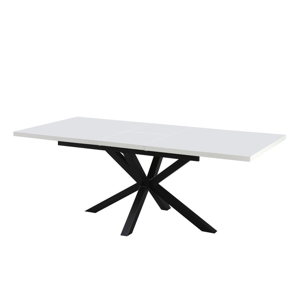 tavolo rettangolare allungabile rob con piano bianco e gambe in metallo nero, ideale per ospitare numerosi commensali