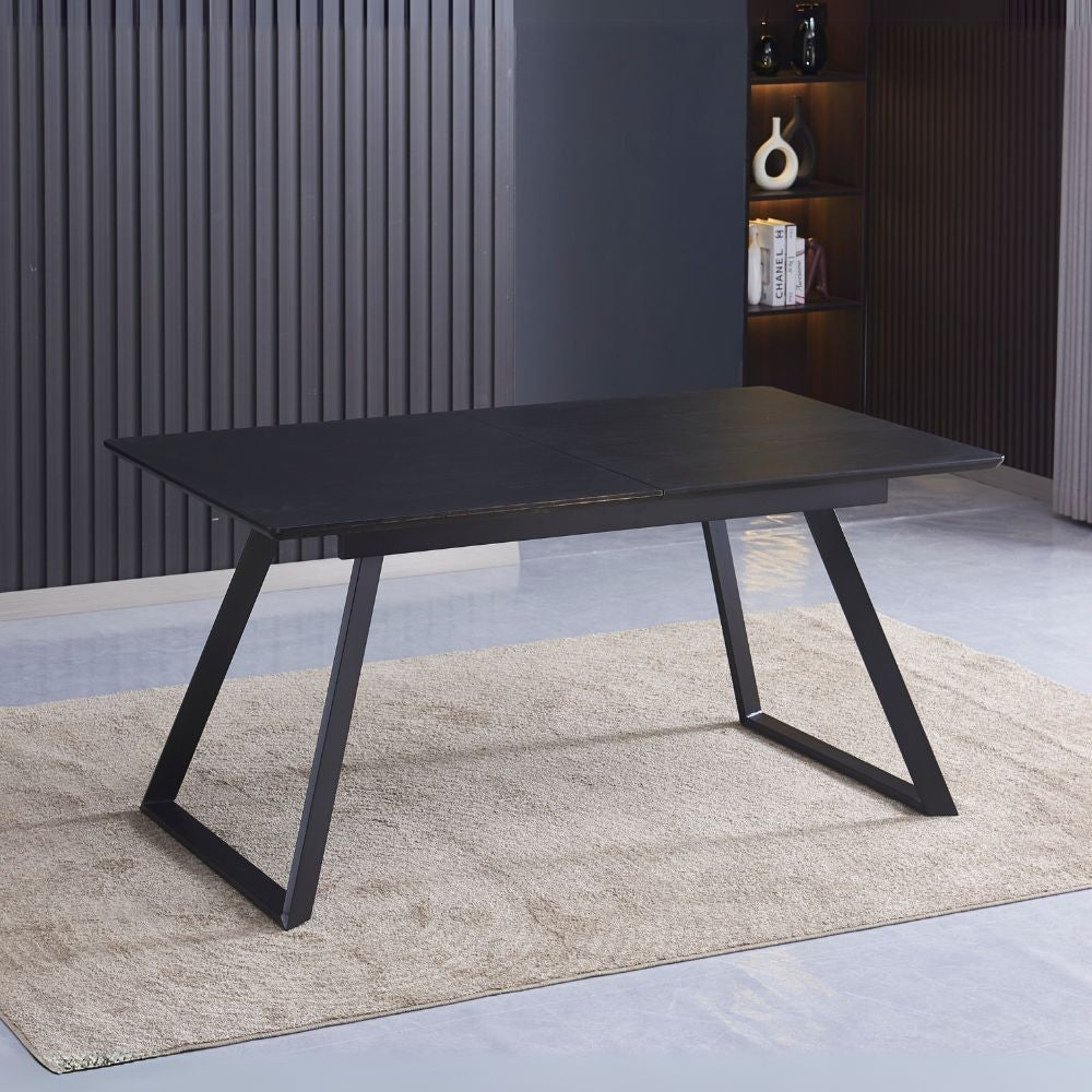 tavolo allungabile shelton con piano impiallacciato legno massiccio tinto nero e gambe in metallo nero, tavolo rettangolare ampio per cucina o soggiorno