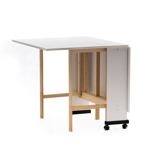 tavolo salvaspazio trio pieghevole 140x90x78 cm colore bianco frassinato, dettaglio della superficie allungata e gambe robuste