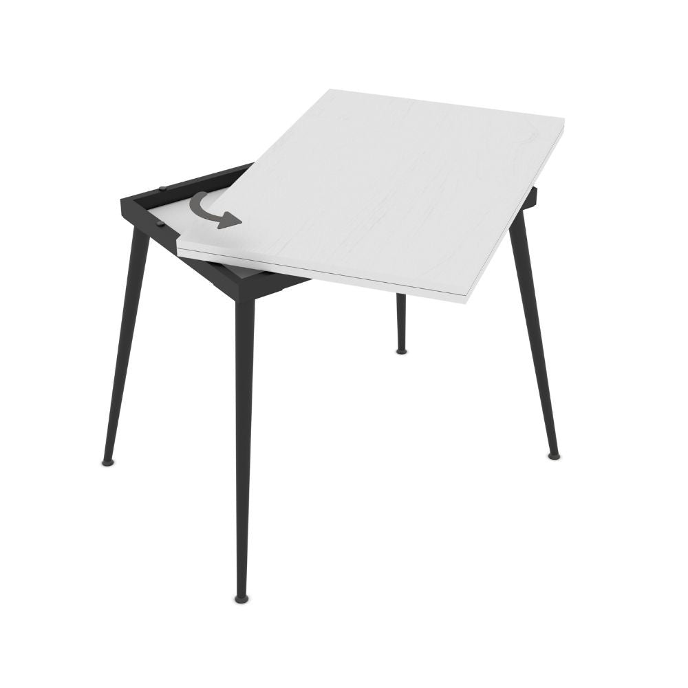 tavolo girevole allungabile lilis con piano colore bianco frassinato e gambe in metallo nere, vista ambientata in spazi open space moderni