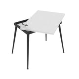 tavolo girevole allungabile lilis con piano colore bianco frassinato e gambe in metallo nere, vista ambientata in spazi open space moderni