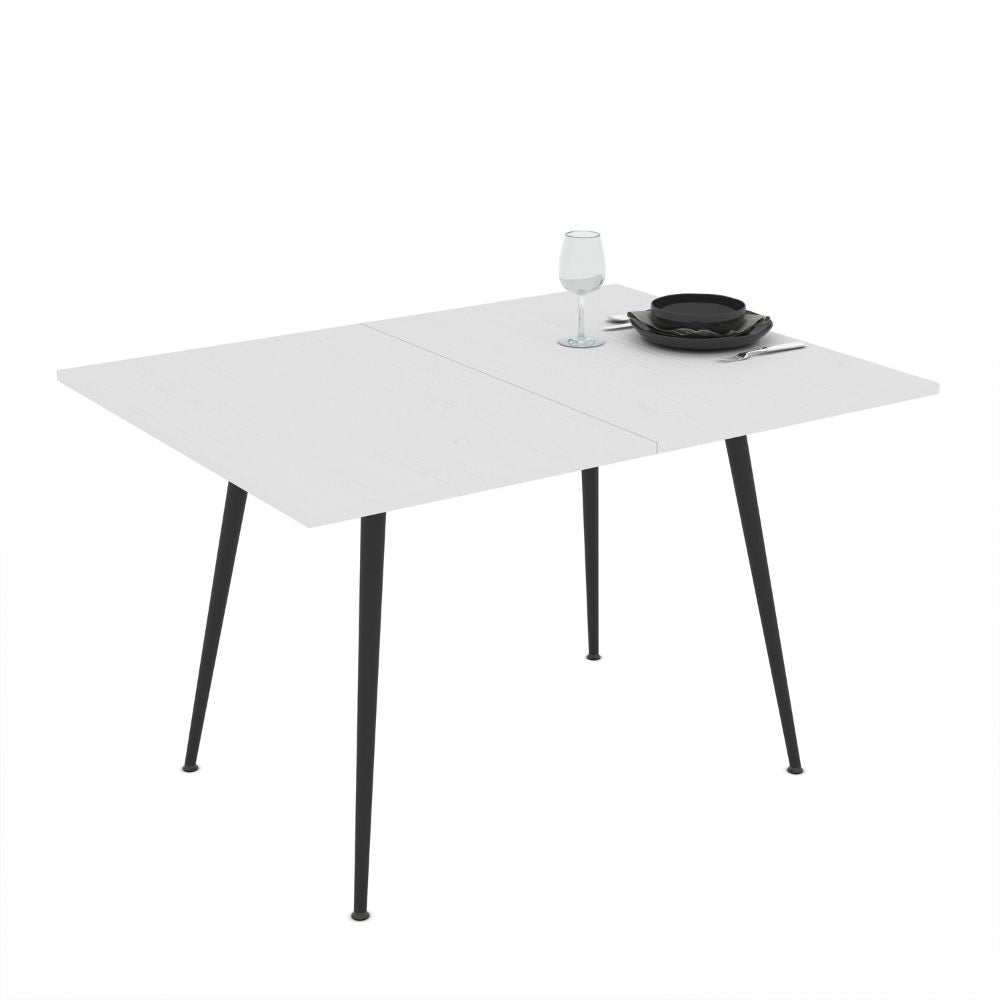 tavolo girevole allungabile lilis con piano colore bianco frassinato e gambe in metallo nere, design pratico per cene e riunioni