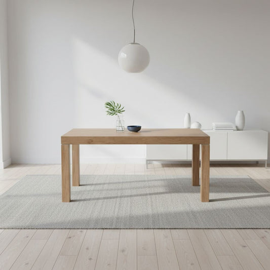 tavolo imab piana t08 in rovere decapato con 4 allunghe 160x90x74.6 h cm., dettaglio della superficie allungata e gambe robuste