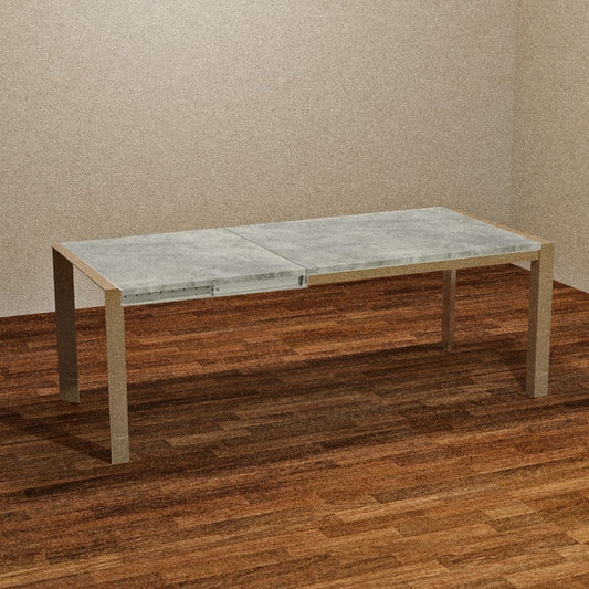 tavolo rettangolare allungabile golia 130x80 struttura tortora e piano cemento, dettaglio della superficie allungata e gambe robuste